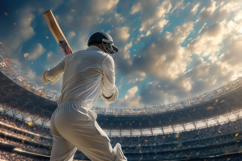 Cricketer in white uniform ready to bat in a packed stadium under a dramatic sky.