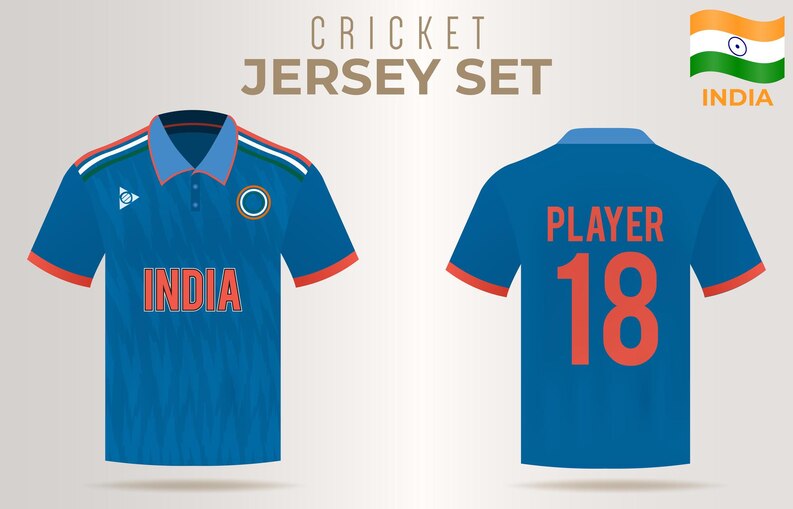 Blue India cricket jersey set with front INDIA text and back PLAYER 18 design.
