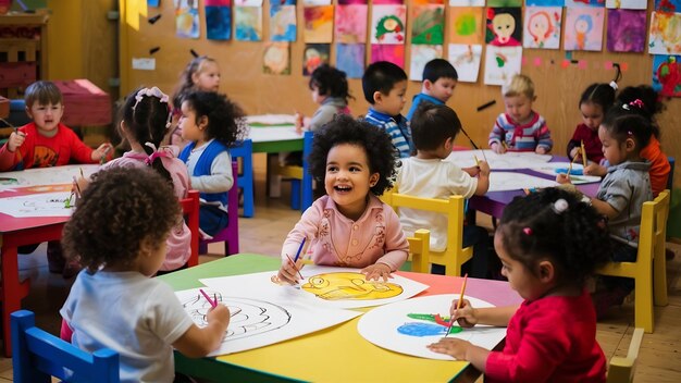 A group of preschool children sitting at colorful tables, happily painting and drawing in a vibrant classroom filled with artwork on the walls.