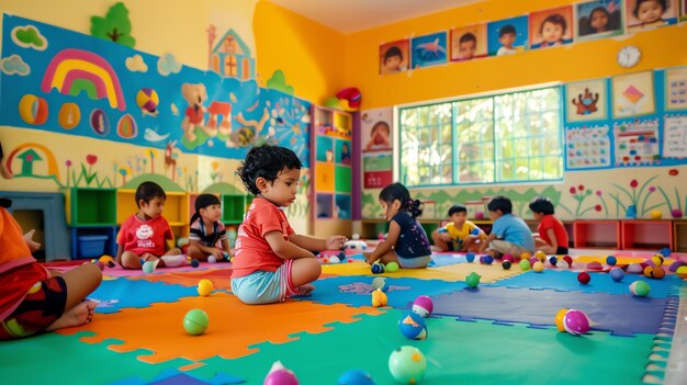 Young children playing with colorful balls on foam mats in a bright and cheerful classroom decorated with educational posters and wall art.