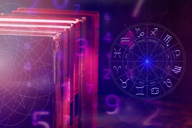Stack of books with glowing zodiac wheel, astrological symbols, and numbers in a cosmic, purple-toned atmosphere.