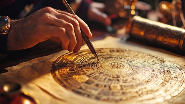 A close-up of a hand using a pen to point at an intricate circular astrological chart on parchment.