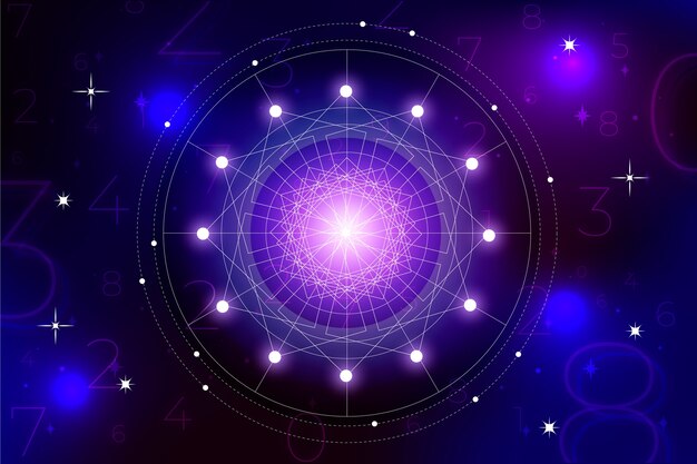 A glowing purple geometric mandala with interconnected lines and numbers on a cosmic background.