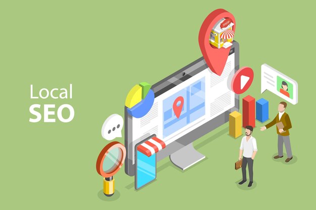 Local SEO marketing illustration with a computer map, a location marker, and analytics charts for business growth.