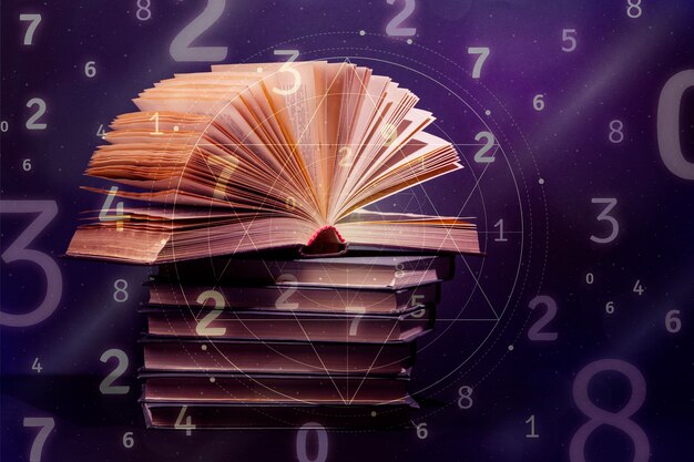 Stack of old books with an open glowing book, surrounded by floating numbers on a purple background.