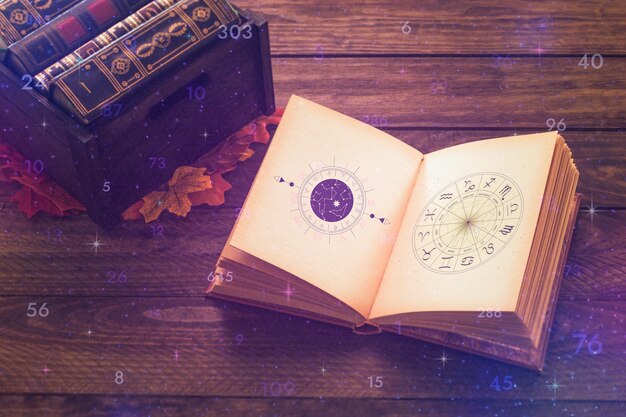 Open vintage book with zodiac diagrams on wooden table, with numbers and mystical symbols floating around.
