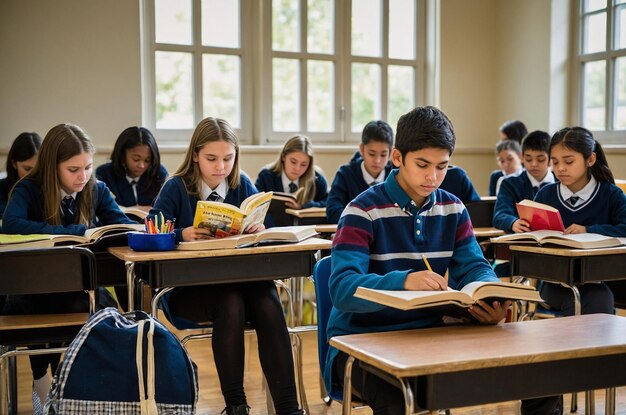 Students sitting at desks in a classroom reading books and studying quietly