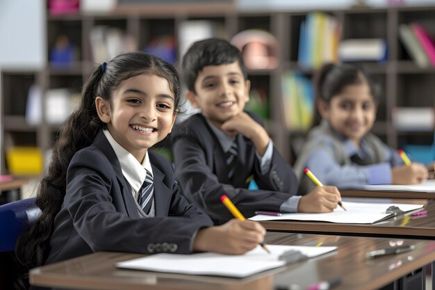 Smiling schoolchildren in uniforms writing in notebooks at their classroom desks.