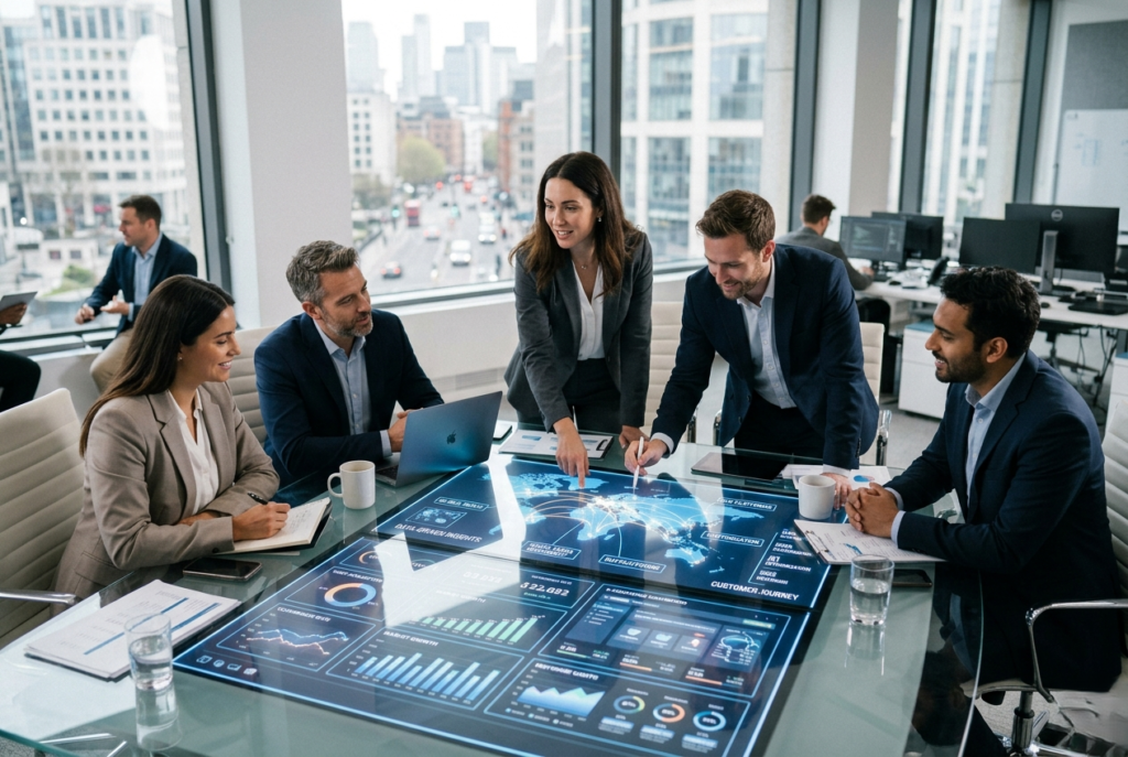 Professionals discussing strategy with interactive data visuals on a smart table in a bright corporate meeting room.