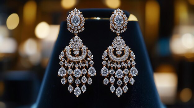 Close-up of ornate diamond chandelier earrings displayed on a black stand.